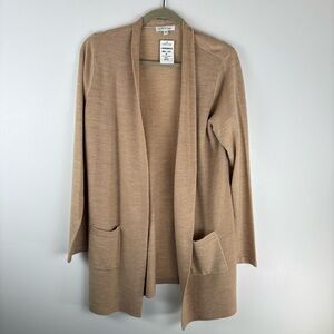 Orvis Womens Medium 100% Wool Open Front Cardigan Sweater Longline Beige Camel